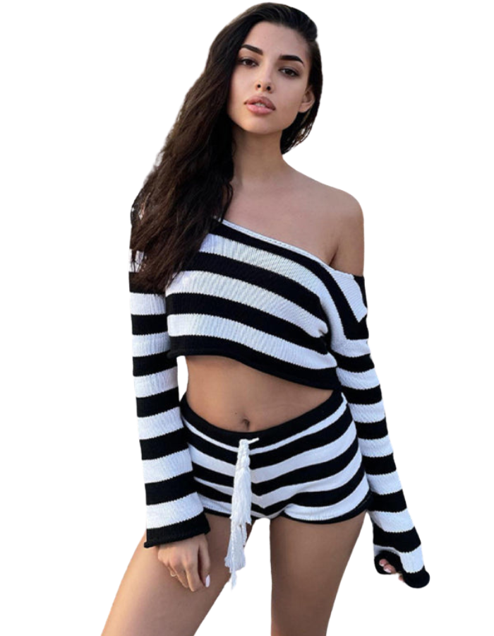 SHOPIQAT Women's Resort Casual Striped Knitted Midriff-Baring Shorts Set - Premium  from shopiqat - Just $10.900! Shop now at shopiqat