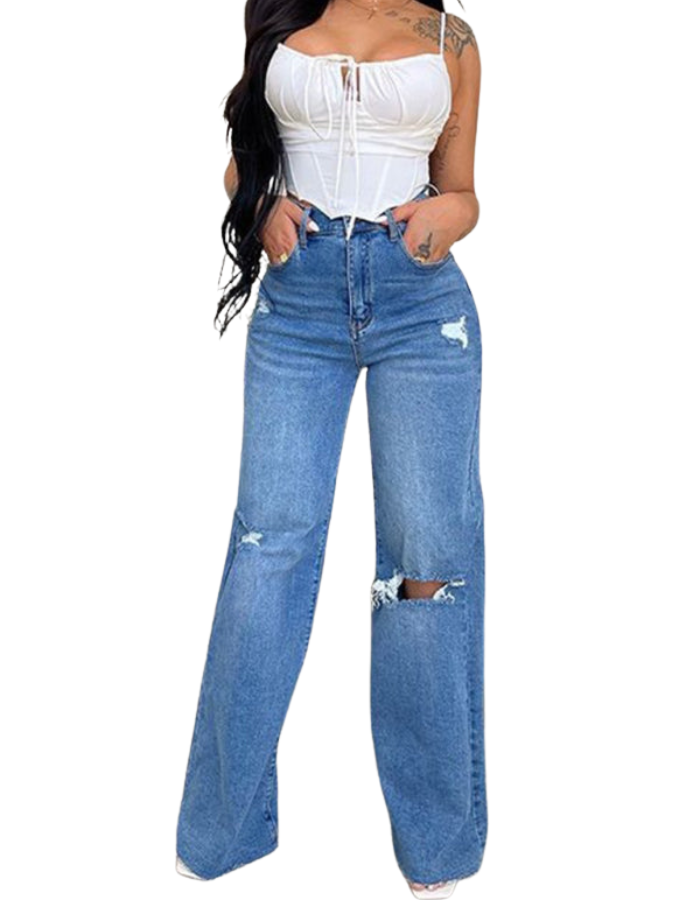 SHOPIQAT Women's Long High Waist Ripped Raw Edge Comfortable Wide Leg Jeans - Premium  from shopiqat - Just $13! Shop now at shopiqat