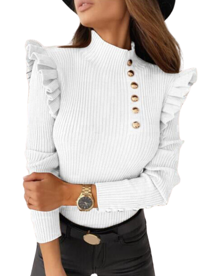 SHOPIQAT Women's Ruffled Long Sleeve Button Bottoming Knitted Top - Premium  from shopiqat - Just $6.990! Shop now at shopiqat