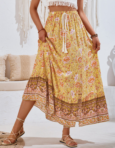 SHOPIQAT New Casual Bohemian Printed Waist Drawstring Skirt