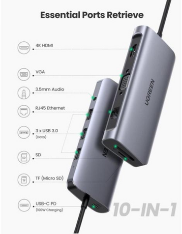 Ugreen USB-C To 3*USB 3.0 A+HDMI+VGA+RJ45 Gigabit + SD/TF+AUX3.5mm+PD C ( 10 in 1 )