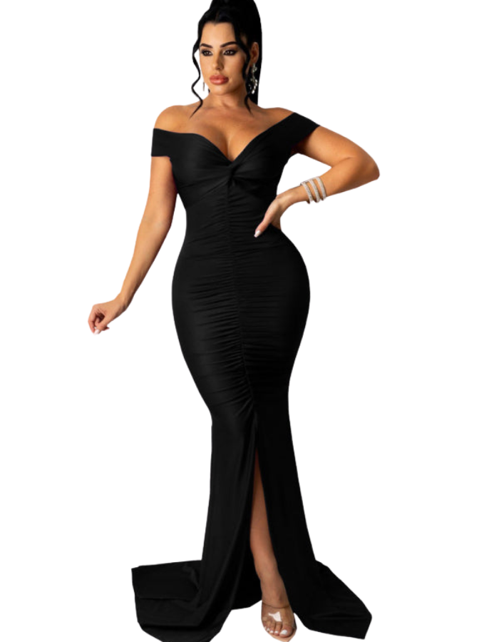 SHOPIQAT Women's Solid Colour Big V Neck Skinny Ruched Dress - Premium from shopiqat - Just $12.900! Shop now at shopiqat