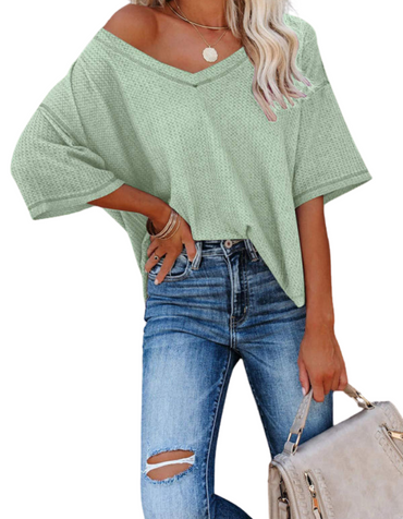 SHOPIQAT New V Neck Dolman Sleeve Waffle Knit Loose Solid Color Short Sleeve T-Shirt - Premium from shopiqat - Just $7.500! Shop now at shopiqat