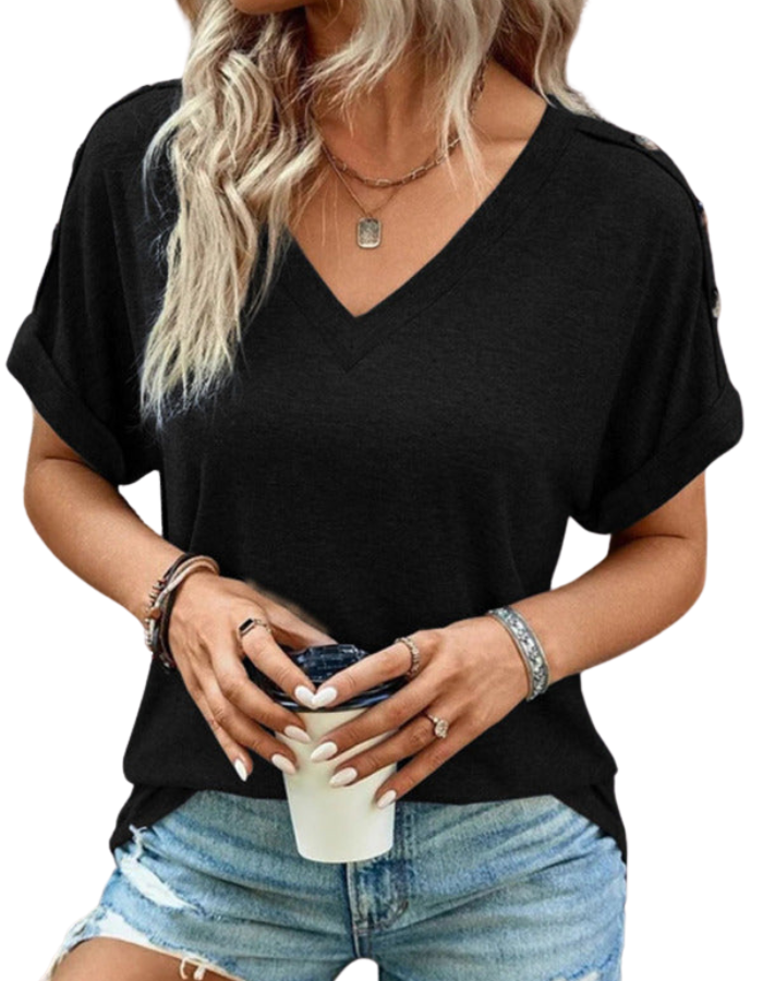 SHOPIQAT Women's Casual Solid Color Button Short Sleeve T-Shirt - Premium  from shopiqat - Just $6.900! Shop now at shopiqat