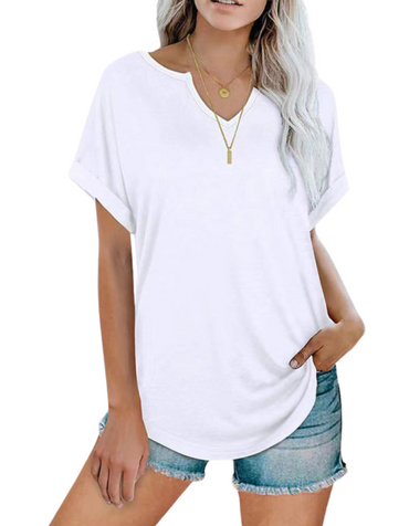 SHOPIQAT Solid Colour Notched Loose Neckline Loose Short-Sleeved T-Shirt for Women - Premium from shopiqat - Just $6.250! Shop now at shopiqat