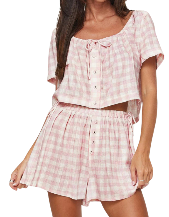 SHOPIQAT New Pink Plaid Bow Tie Top Breasted Button Shorts Casual Suit - Premium  from shopiqat - Just $9.700! Shop now at shopiqat