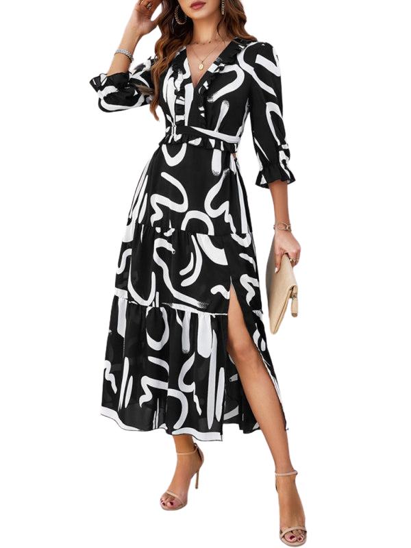 SHOPIQAT Spring and Summer New Holiday Casual Printed V-Neck Slit Dress - Premium  from shopiqat - Just $10.100! Shop now at shopiqat