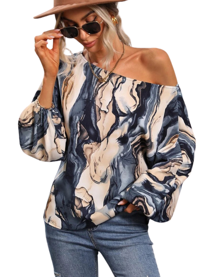 SHOPIQAT Women's Alphabet Print One Shoulder Loose Balloon Sleeve Top - Premium from shopiqat - Just $7.250! Shop now at shopiqat