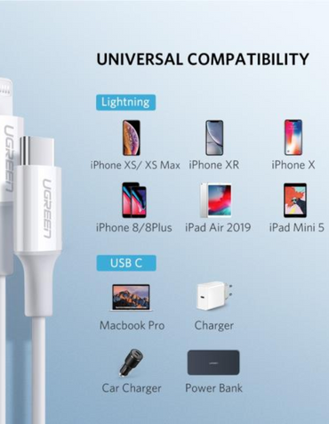 Ugreen USB-C to Lightning Cable M/M Nickel Plating Aluminium 1.5M - White