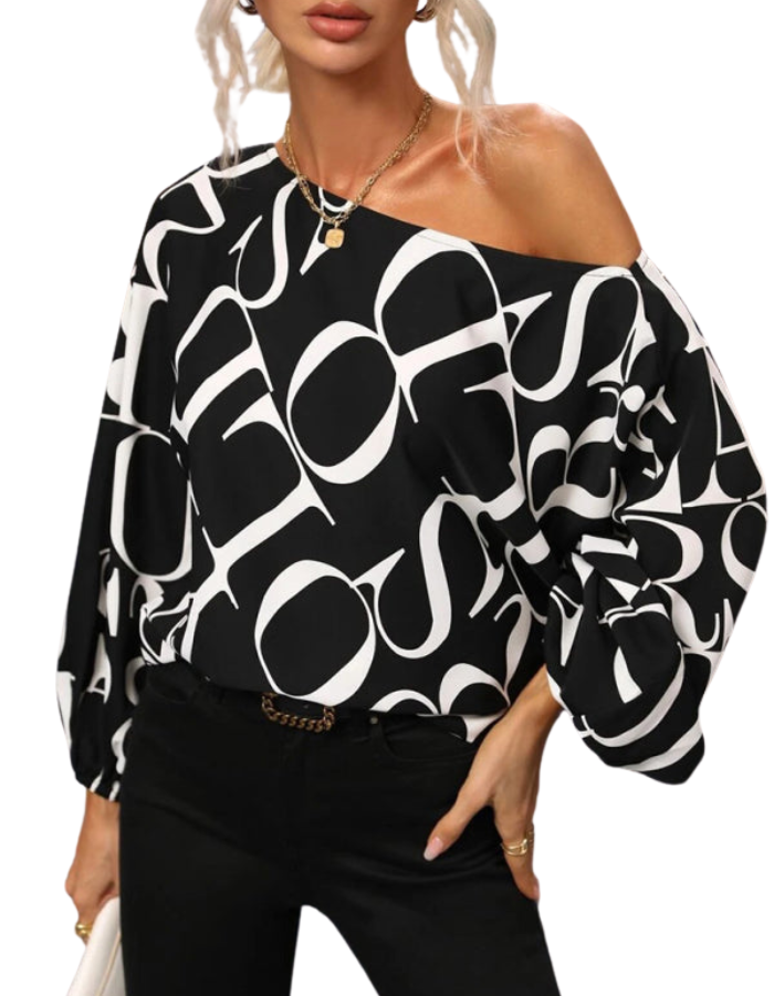 SHOPIQAT Women's Alphabet Print One Shoulder Loose Balloon Sleeve Top - Premium  from shopiqat - Just $7.250! Shop now at shopiqat