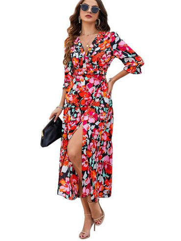 SHOPIQAT Spring and Summer New Holiday Casual Printed V-Neck Slit Dress - Premium from shopiqat - Just $10.100! Shop now at shopiqat
