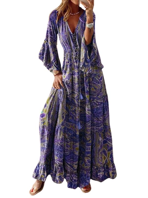 SHOPIQAT Bohemian Style Trumpet Sleeve Printed V-Neck High Waist Holiday Dress Floral Female Long Skirt - Premium from shopiqat - Just $11.150! Shop now at shopiqat