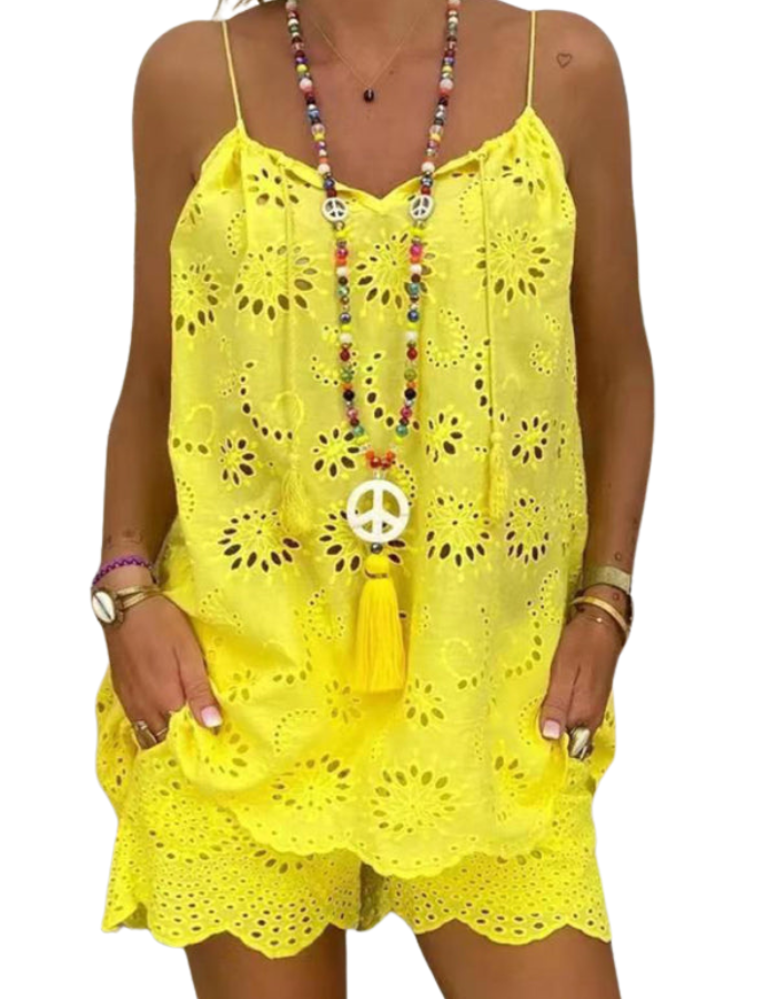 SHOPIQAT New Women's Sleeveless Drawstring Ruffled Hollow Camisole Embroidered Shorts Suit - Premium from shopiqat - Just $9.700! Shop now at shopiqat