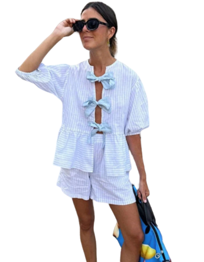 SHOPIQAT New Bow Striped Short-Sleeved Shirt and Shorts Set - Premium  from shopiqat - Just $12.900! Shop now at shopiqat
