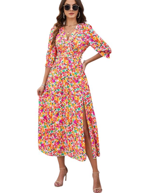 SHOPIQAT Spring and Summer New Holiday Casual Printed V-Neck Slit Dress - Premium from shopiqat - Just $10.100! Shop now at shopiqat