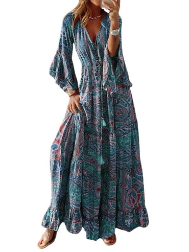 SHOPIQAT Bohemian Style Trumpet Sleeve Printed V-Neck High Waist Holiday Dress Floral Female Long Skirt - Premium from shopiqat - Just $11.150! Shop now at shopiqat