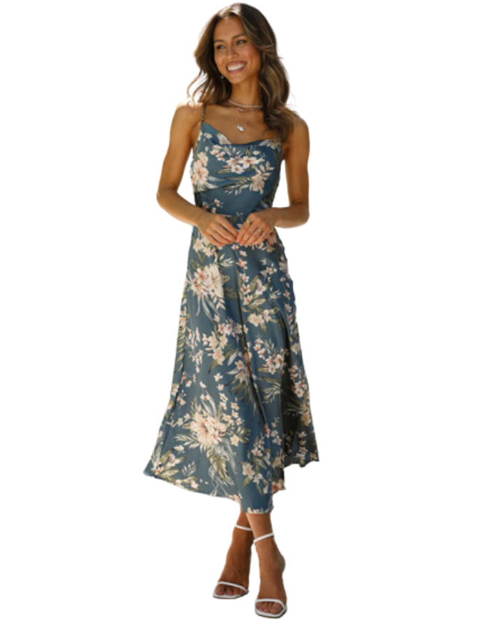SHOPIQAT Satin Sling Floral Midi Dress - Premium from shopiqat - Just $7.990! Shop now at shopiqat