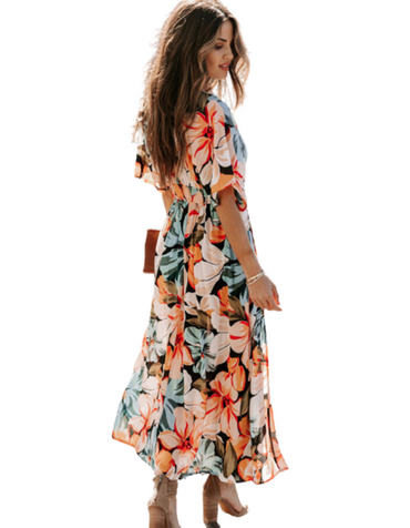 SHOPIQAT Orange Split Floral Long Dress - Premium from shopiqat - Just $11.250! Shop now at shopiqat
