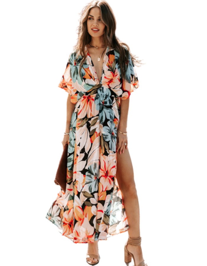 SHOPIQAT Orange Split Floral Long Dress - Premium from shopiqat - Just $11.250! Shop now at shopiqat