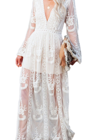 SHOPIQAT Mesh Sheer Puff Sleeve V-neck Slit Maxi Dress - Premium from shopiqat - Just $10.500! Shop now at shopiqat