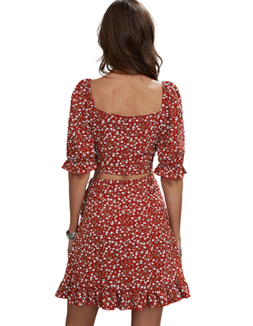 SHOPIQAT Floral V-Neck Waist Top & skirt 2-Pieces Set