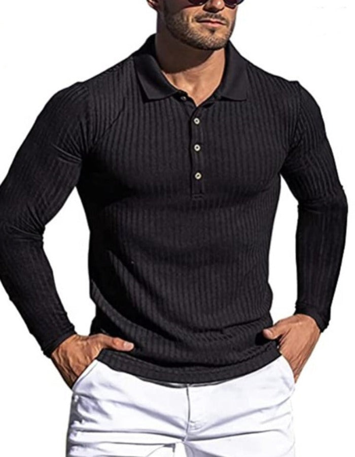 SHOPIQAT New Men's High Elastic Vertical Strip Long Sleeve Slim Knit Bottom Polo Shirt - Premium  from shopiqat - Just $7.900! Shop now at shopiqat