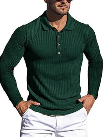 SHOPIQAT New Men's High Elastic Vertical Strip Long Sleeve Slim Knit Bottom Polo Shirt - Premium from shopiqat - Just $7.900! Shop now at shopiqat
