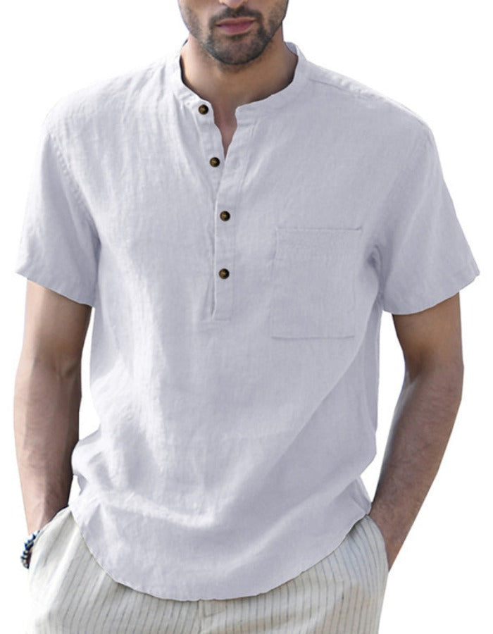 SHOPIQAT Men's Woven Casual Stand Collar Linen Short Sleeve Shirt - Premium  from shopiqat - Just $6.900! Shop now at shopiqat
