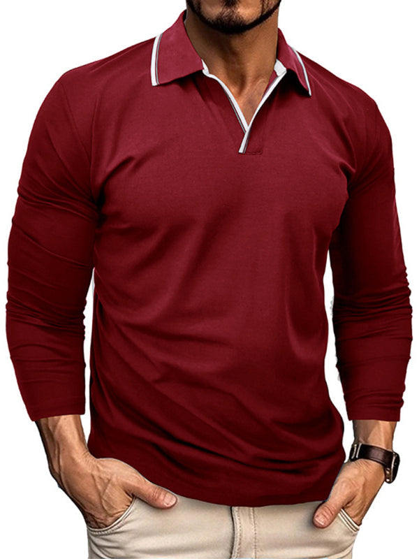 SHOPIQAT Men's New Long-Sleeved V-Neck Lapel Contrasting Colour Polo Shirt - Premium  from shopiqat - Just $8.990! Shop now at shopiqat