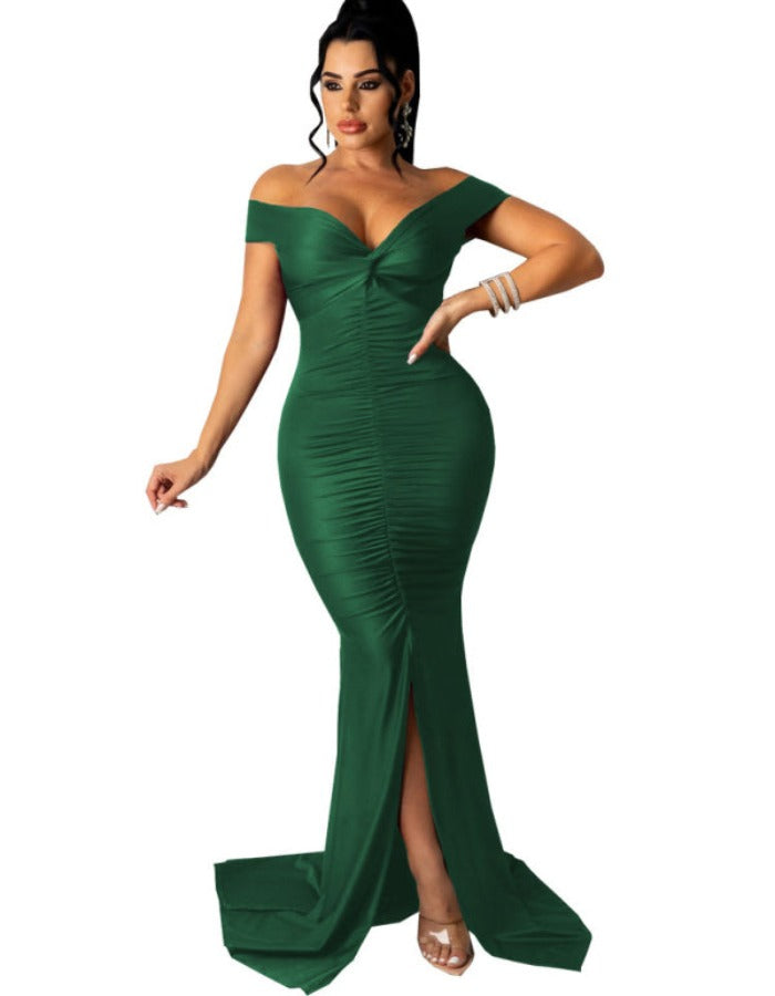 SHOPIQAT Women's Solid Colour Big V Neck Skinny Ruched Dress - Premium  from shopiqat - Just $12.900! Shop now at shopiqat