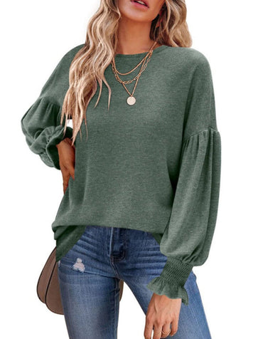 SHOPIQAT Round Neck Pleated Balloon Sleeve Long Sleeve Top - Premium  from shopiqat - Just $10.250! Shop now at shopiqat