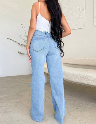 SHOPIQAT Women's Long High Waist Ripped Raw Edge Comfortable Wide Leg Jeans - Premium  from shopiqat - Just $13! Shop now at shopiqat