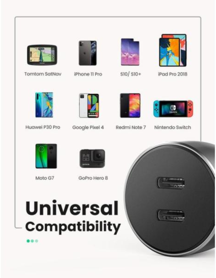 Ugreen USB C Car Charger Aluminum 40W Dual Fast Charge