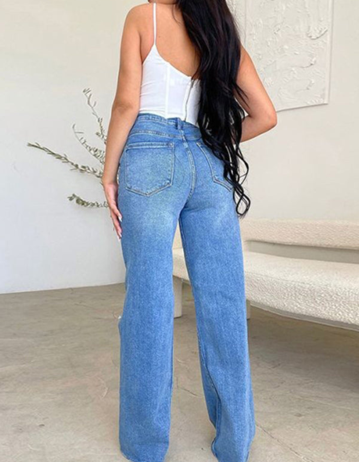 SHOPIQAT Women's Long High Waist Ripped Raw Edge Comfortable Wide Leg Jeans - Premium  from shopiqat - Just $13! Shop now at shopiqat
