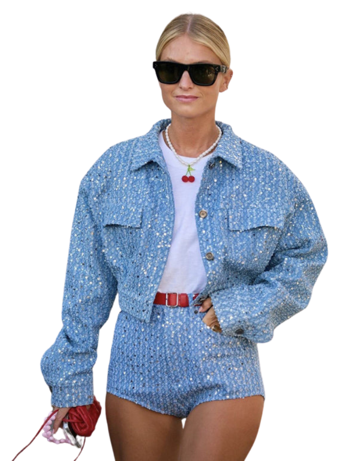 SHOPIQAT New Denim Sequined Jacket Short Coat and Shorts - Premium  from shopiqat - Just $17.250! Shop now at shopiqat