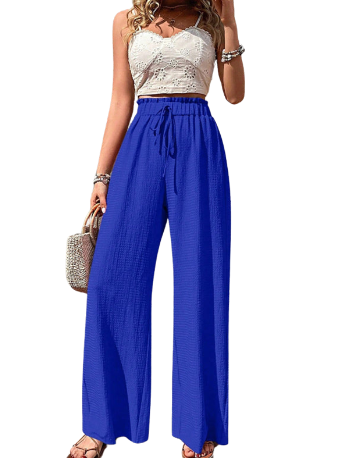SHOPIQAT Elastic Waist Puff Plaid Casual Wide Leg Pants