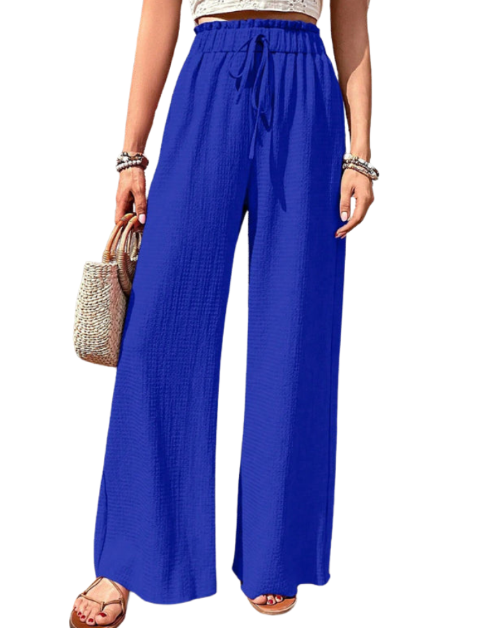 SHOPIQAT Elastic Waist Puff Plaid Casual Wide Leg Pants
