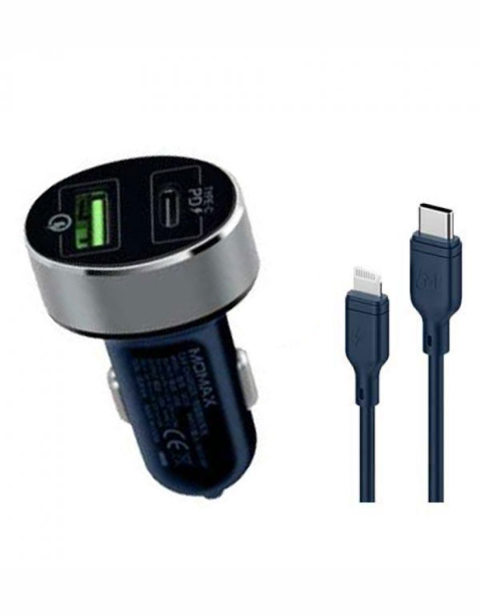 Momax 2 IN 1 USB-C PD Car Fast Charger 20W with Lightning Cable - Blue