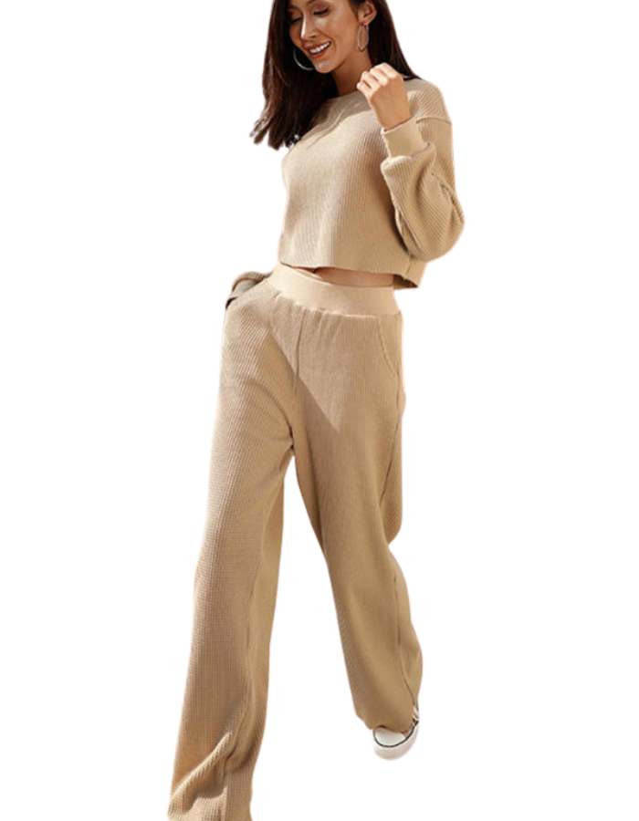 SHOPIQAT Women's Two-Piece Set Round Neck Long Sleeve Wide Leg Pants - Premium  from shopiqat - Just $13.950! Shop now at shopiqat