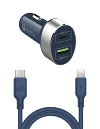 Momax 2 IN 1 USB-C PD Car Fast Charger 20W with Lightning Cable - Blue