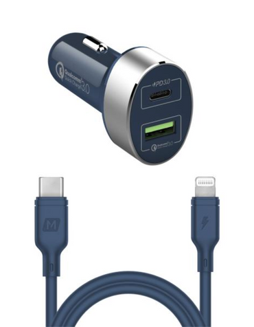 Momax 2 IN 1 USB-C PD Car Fast Charger 20W with Lightning Cable - Blue