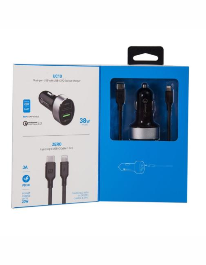 Momax 2 IN 1 USB-C PD Car Fast Charger 20W with Lightning Cable - Blue