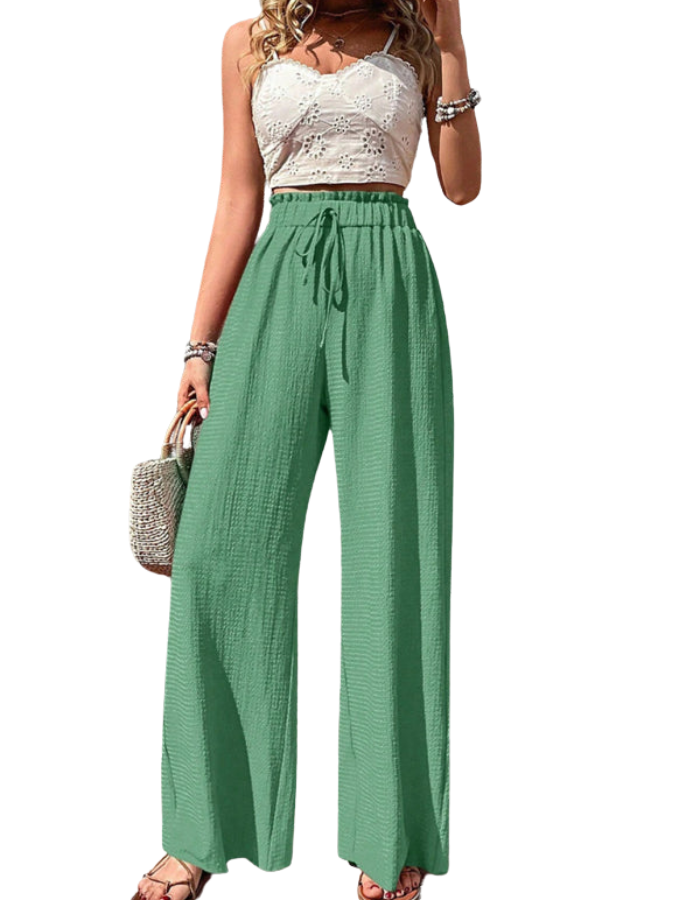 SHOPIQAT Elastic Waist Puff Plaid Casual Wide Leg Pants