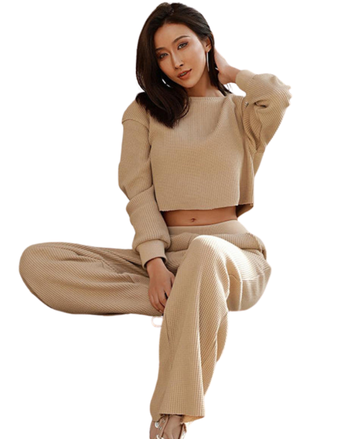 SHOPIQAT Women's Two-Piece Set Round Neck Long Sleeve Wide Leg Pants - Premium  from shopiqat - Just $13.950! Shop now at shopiqat