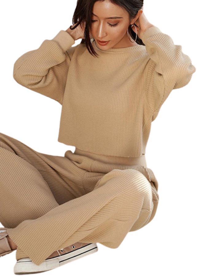 SHOPIQAT Women's Two-Piece Set Round Neck Long Sleeve Wide Leg Pants - Premium  from shopiqat - Just $13.950! Shop now at shopiqat