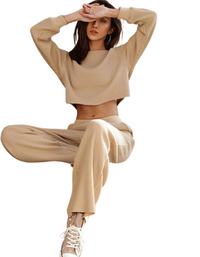 SHOPIQAT Women's Two-Piece Set Round Neck Long Sleeve Wide Leg Pants - Premium  from shopiqat - Just $13.950! Shop now at shopiqat