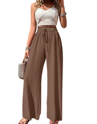 SHOPIQAT Elastic Waist Puff Plaid Casual Wide Leg Pants