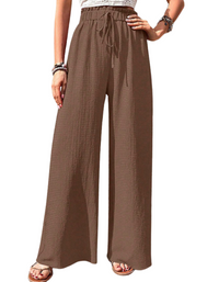 SHOPIQAT Elastic Waist Puff Plaid Casual Wide Leg Pants