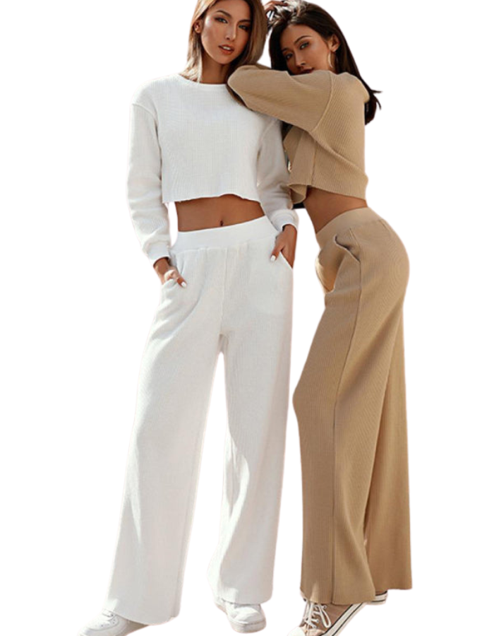 SHOPIQAT Women's Two-Piece Set Round Neck Long Sleeve Wide Leg Pants - Premium  from shopiqat - Just $13.950! Shop now at shopiqat