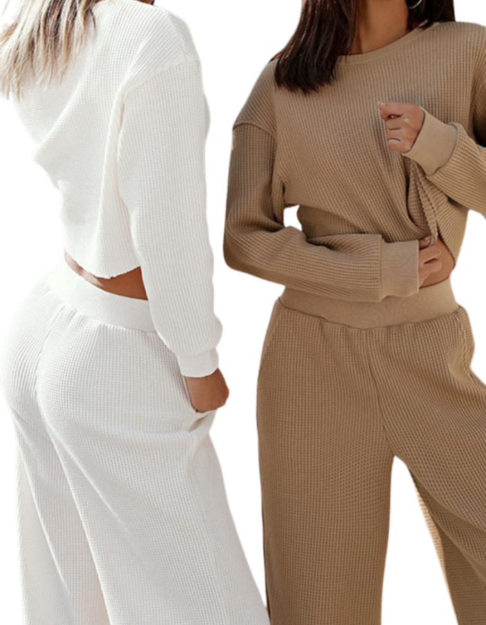 SHOPIQAT Women's Two-Piece Set Round Neck Long Sleeve Wide Leg Pants - Premium  from shopiqat - Just $13.950! Shop now at shopiqat